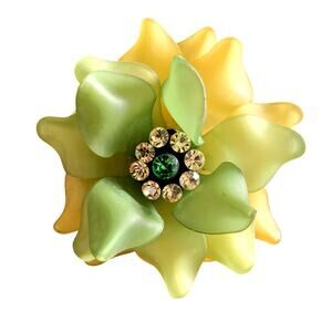 Vintage 70s Floral Brooch | Satin Acrylic Green Yellow Rhinestone